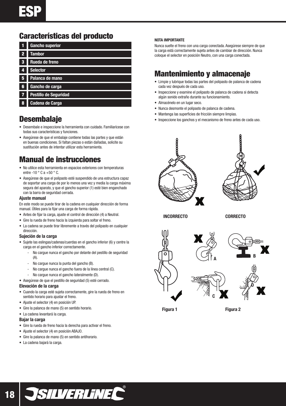 Desembalaje, Manual de instrucciones, Características del producto | Mantenimiento y almacenaje | Silverline Lever Hoist User Manual | Page 19 / 28