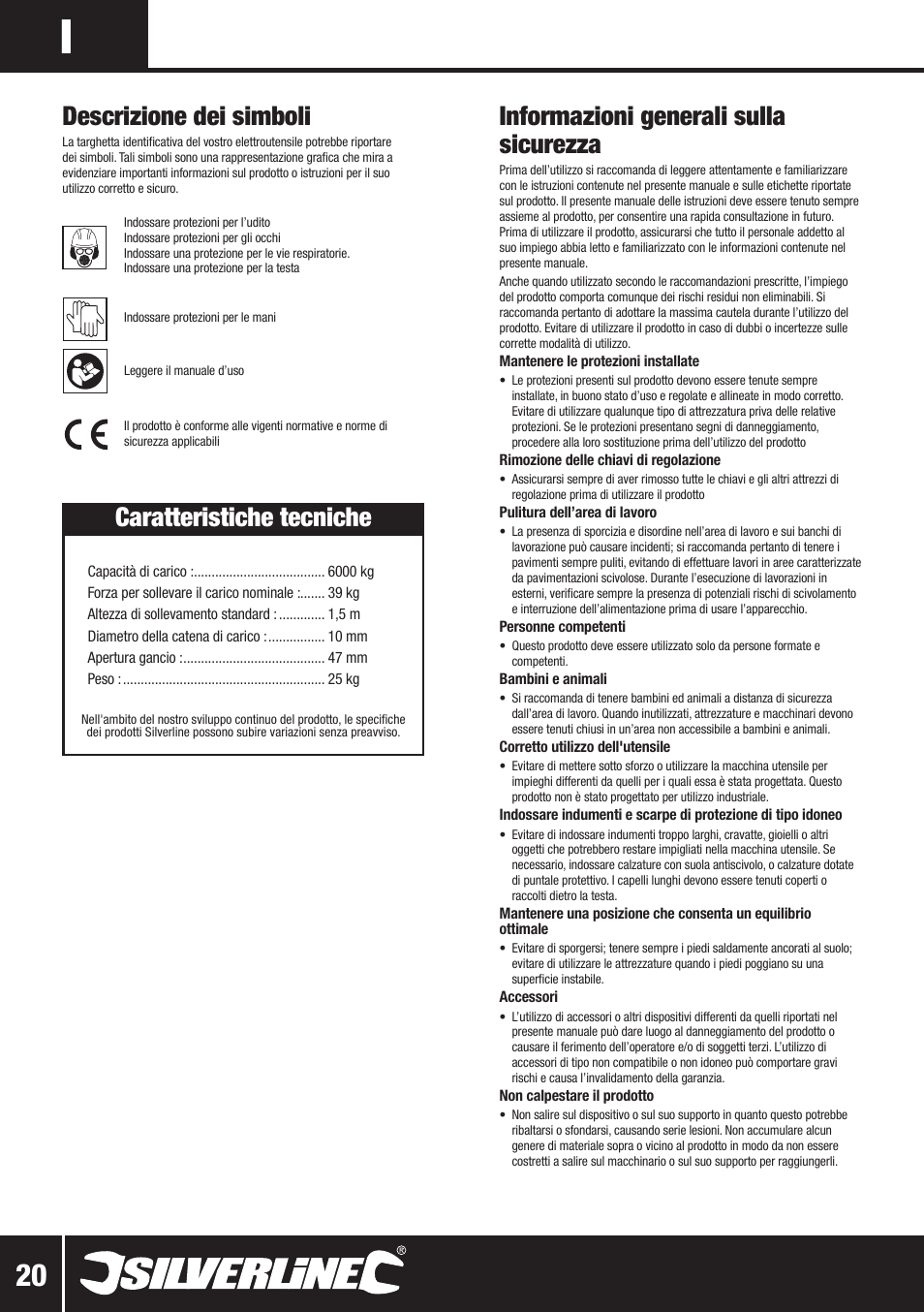 Informazioni generali sulla sicurezza, Descrizione dei simboli, Caratteristiche tecniche | Silverline Lever Hoist User Manual | Page 21 / 28