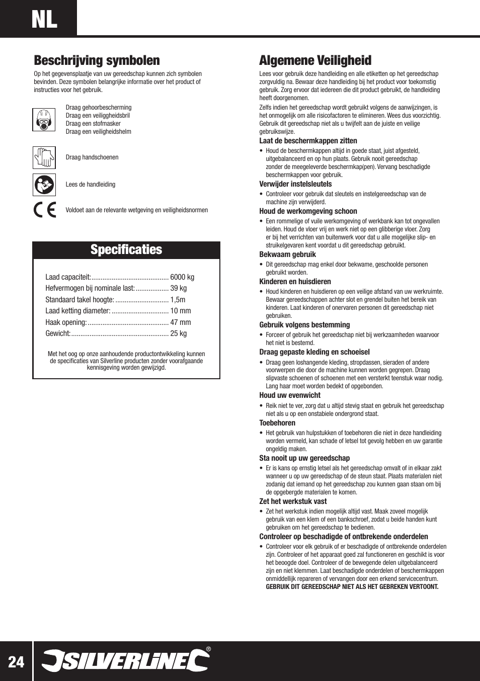 Algemene veiligheid, Beschrijving symbolen, Specificaties | Silverline Lever Hoist User Manual | Page 25 / 28