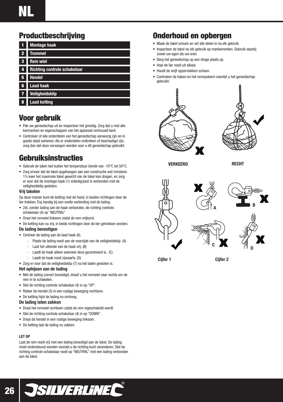 Onderhoud en opbergen, Voor gebruik, Gebruiksinstructies | Productbeschrijving | Silverline Lever Hoist User Manual | Page 27 / 28