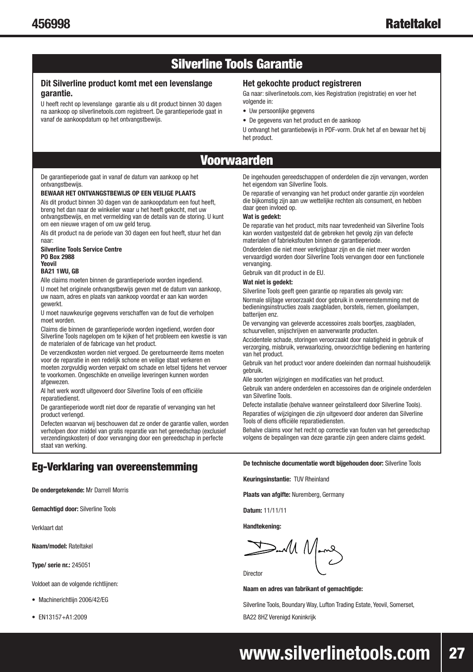 Voorwaarden silverline tools garantie, Eg-verklaring van overeenstemming | Silverline Lever Hoist User Manual | Page 28 / 28