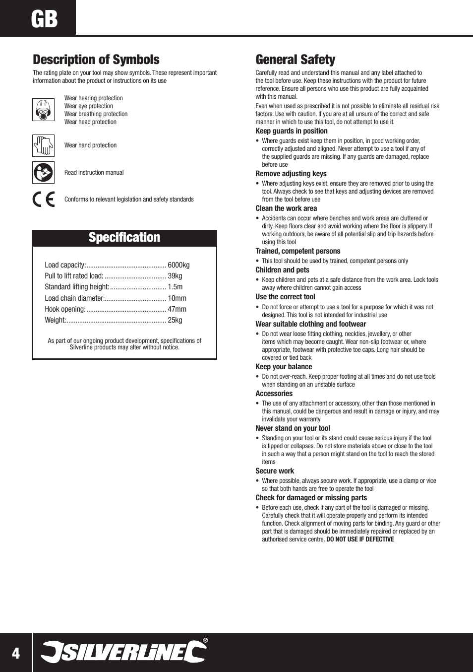 General safety, Specification, Description of symbols | Silverline Lever Hoist User Manual | Page 5 / 28