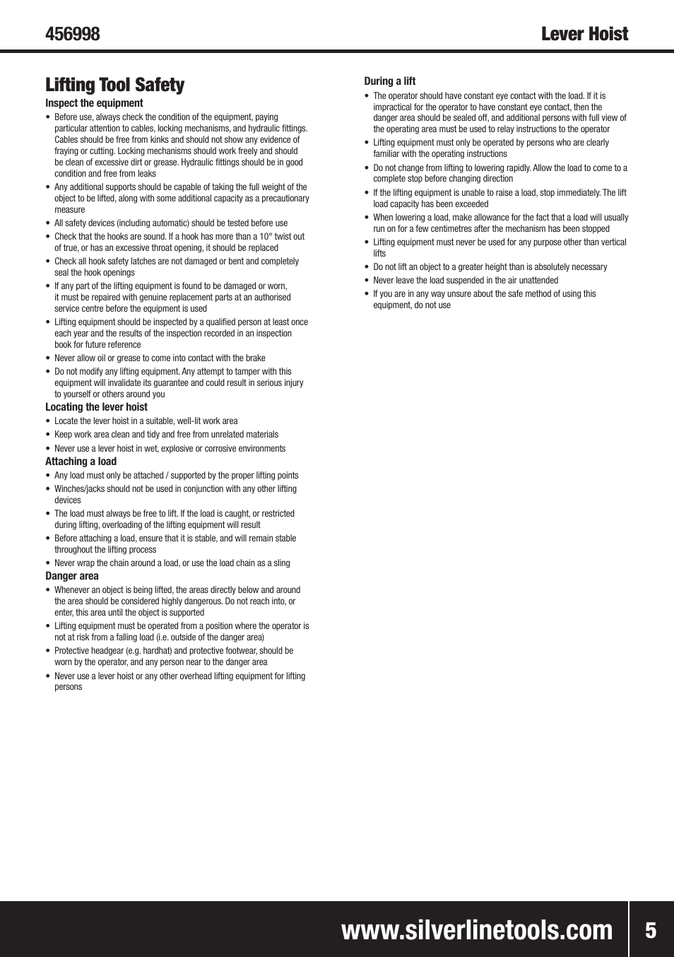 Lifting tool safety | Silverline Lever Hoist User Manual | Page 6 / 28