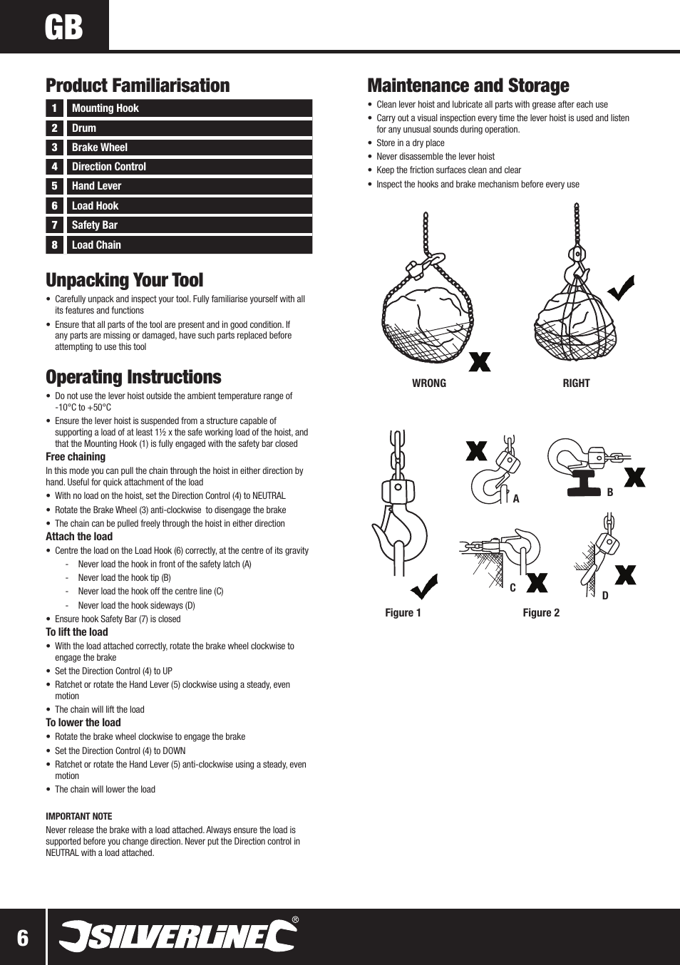Product familiarisation unpacking your tool, Operating instructions, Maintenance and storage | Silverline Lever Hoist User Manual | Page 7 / 28