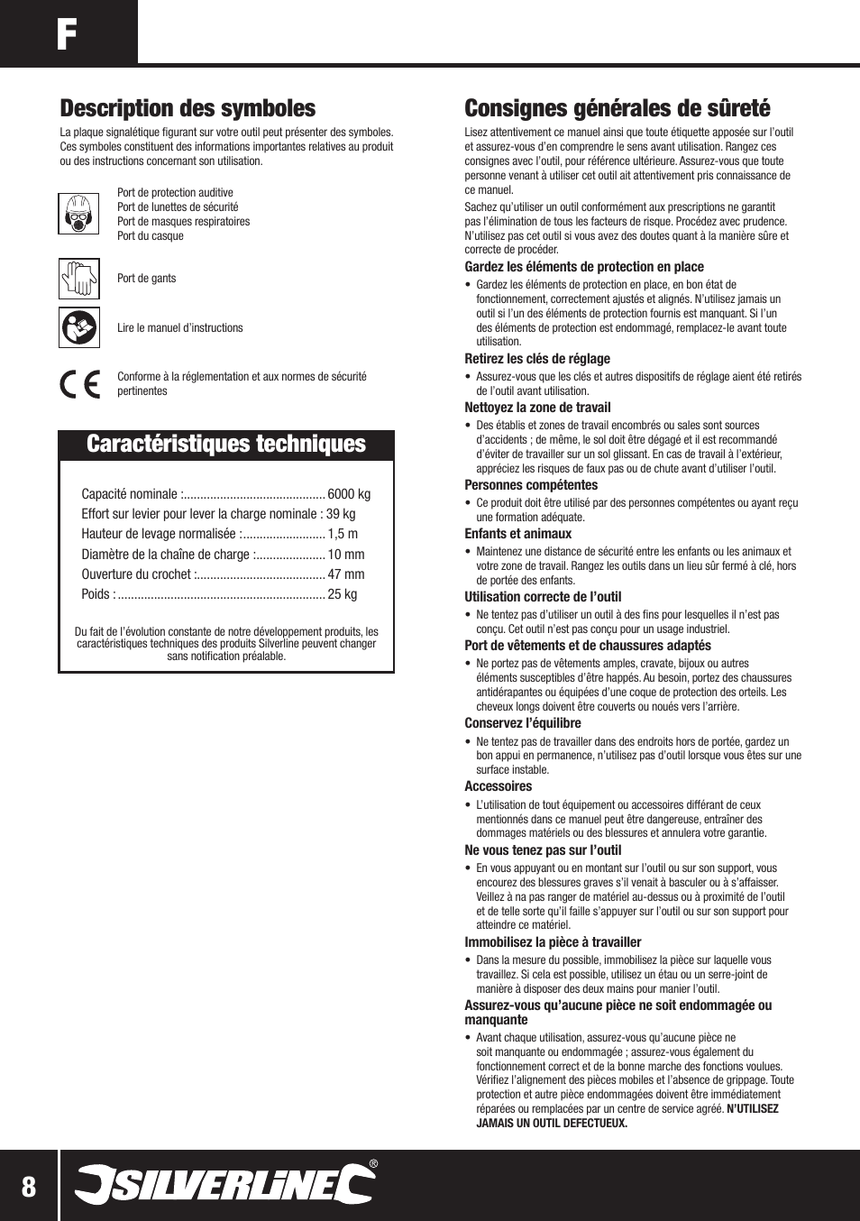 Consignes générales de sûreté, Caractéristiques techniques, Description des symboles | Silverline Lever Hoist User Manual | Page 9 / 28