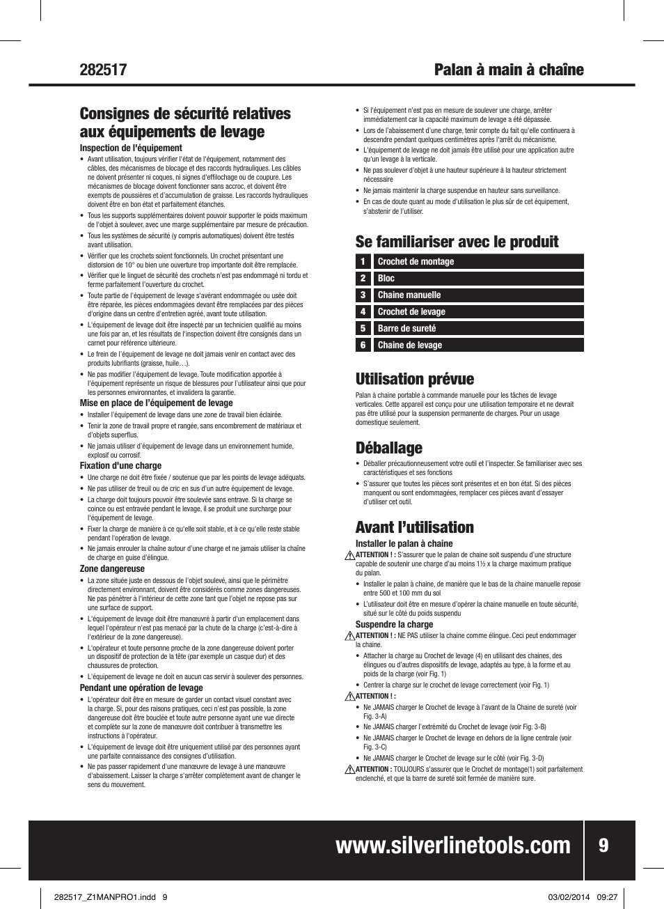 Se familiariser avec le produit utilisation prévue, Déballage, Avant l’utilisation | Silverline Chain Block User Manual | Page 10 / 30