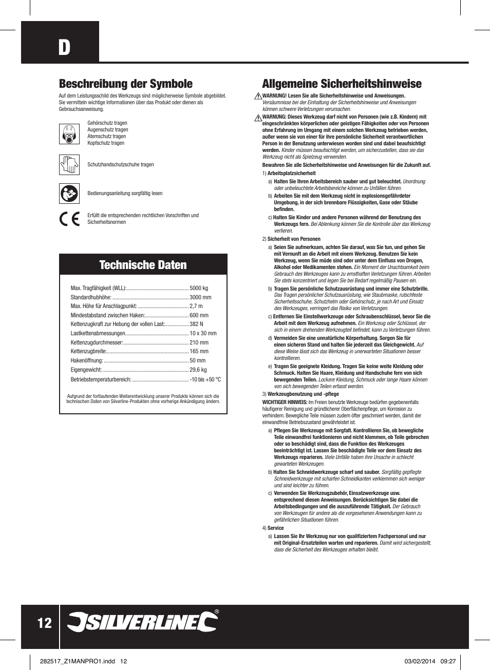 Allgemeine sicherheitshinweise, Beschreibung der symbole, Technische daten | Silverline Chain Block User Manual | Page 13 / 30