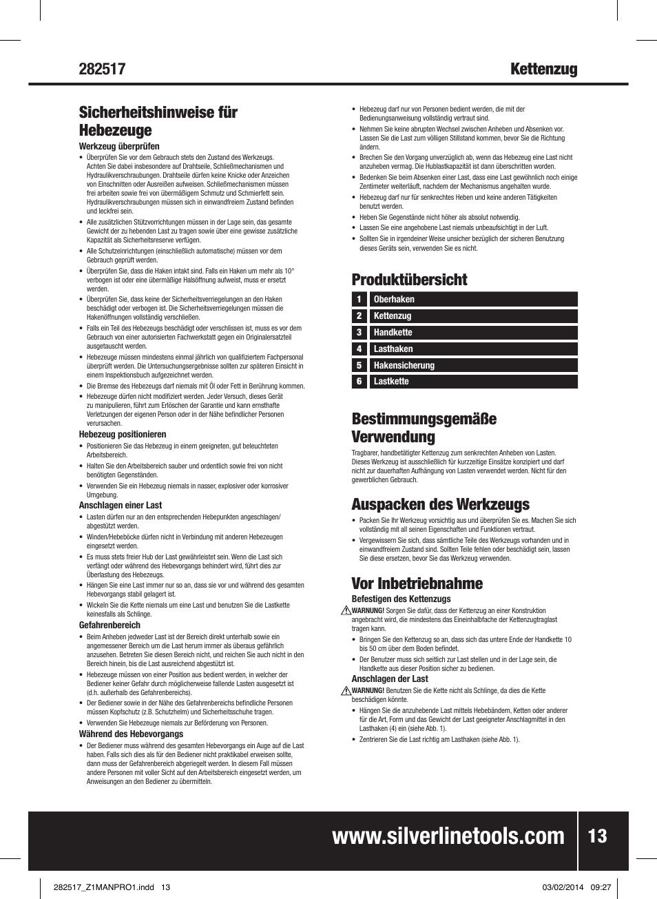 Produktübersicht bestimmungsgemäße verwendung, Auspacken des werkzeugs, Vor inbetriebnahme | Silverline Chain Block User Manual | Page 14 / 30