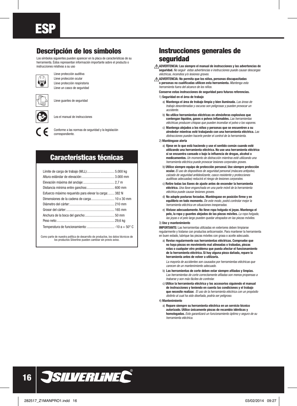 Instrucciones generales de seguridad, Descripción de los símbolos, Características técnicas | Silverline Chain Block User Manual | Page 17 / 30