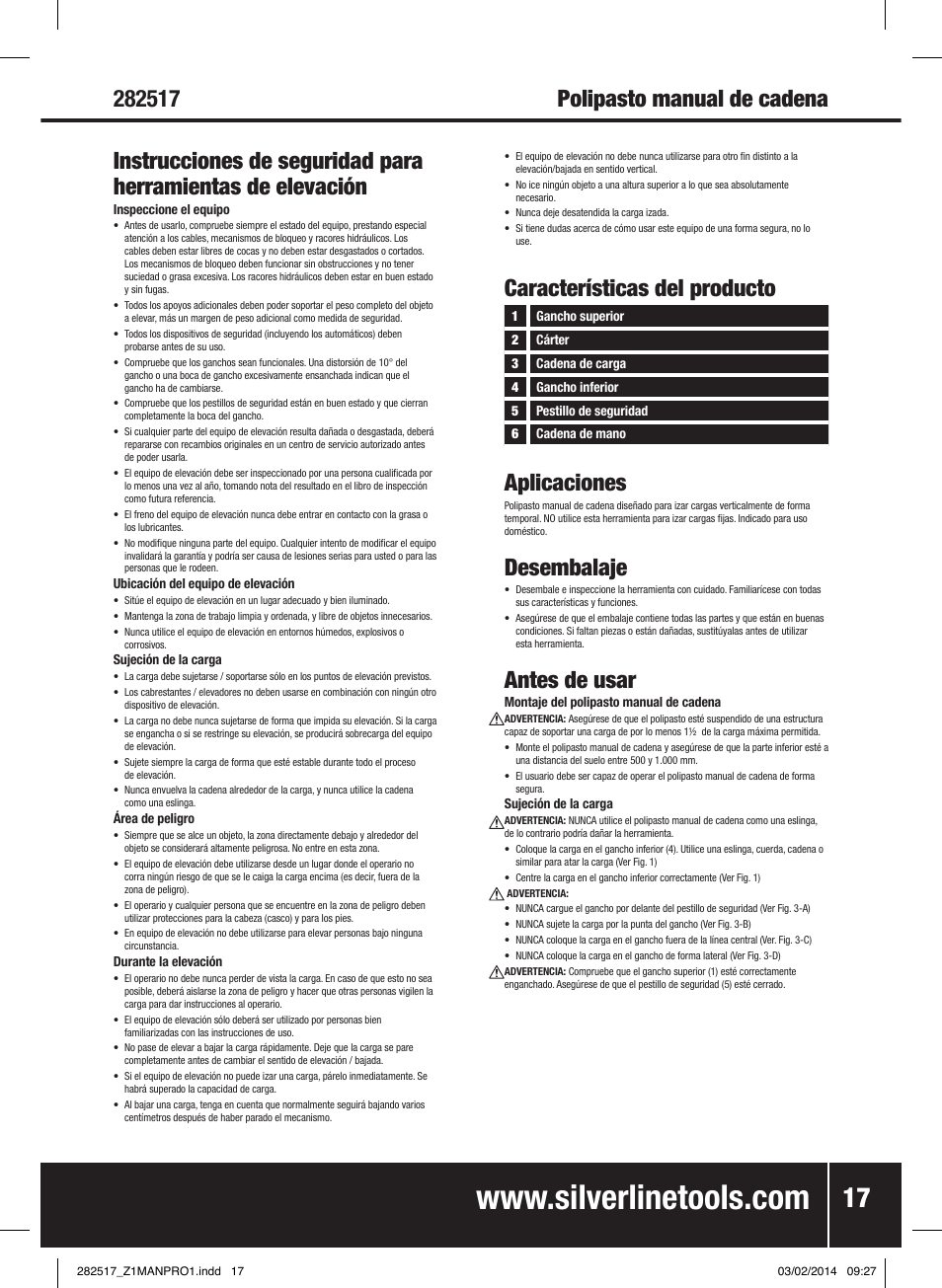 Características del producto aplicaciones, Desembalaje, Antes de usar | Silverline Chain Block User Manual | Page 18 / 30