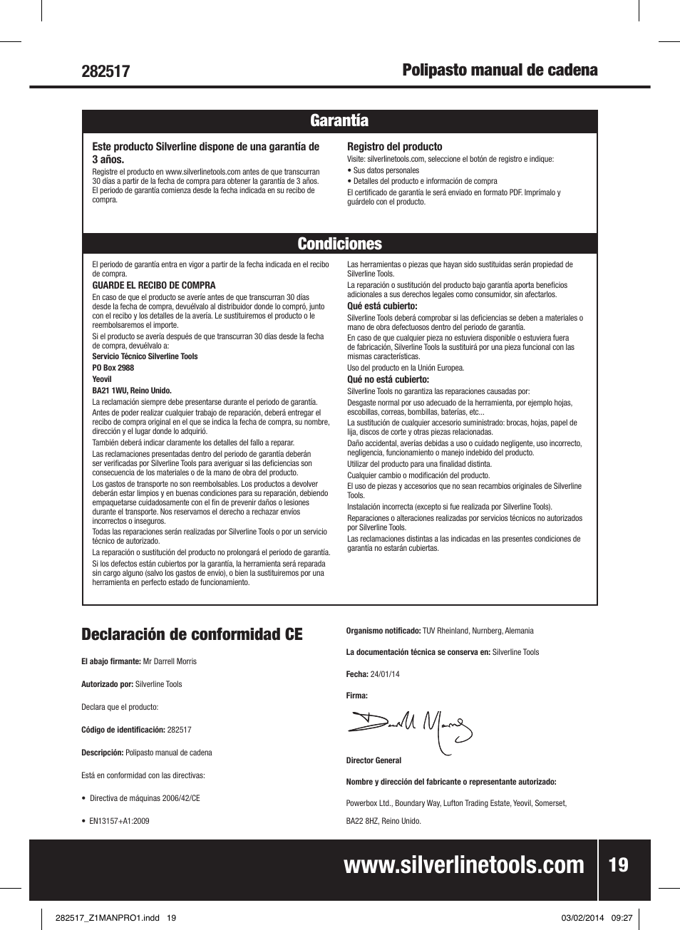 Declaración de conformidad ce | Silverline Chain Block User Manual | Page 20 / 30