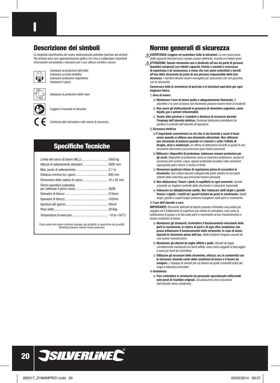 Norme generali di sicurezza, Descrizione dei simboli, Specifiche tecniche | Silverline Chain Block User Manual | Page 21 / 30