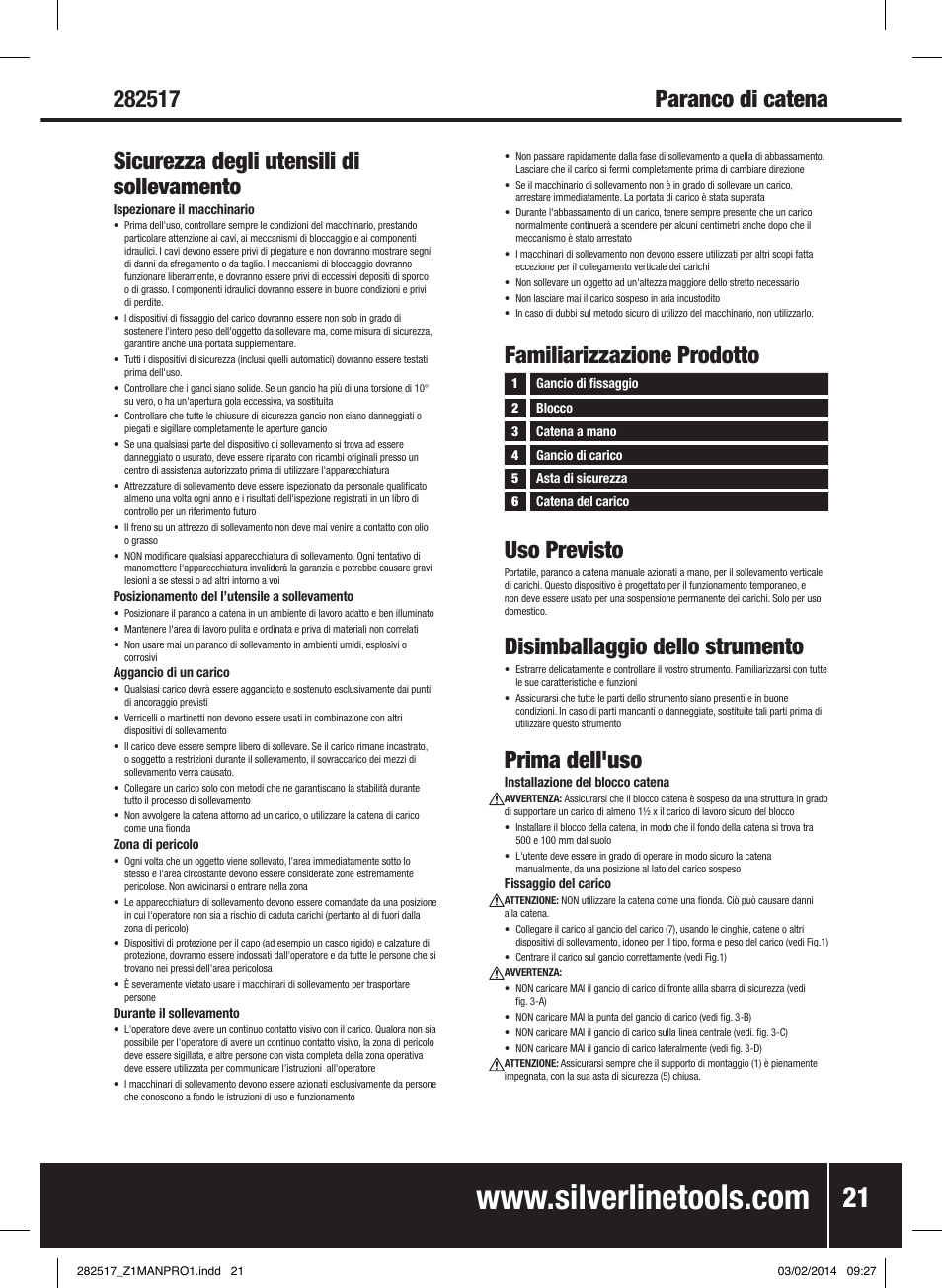 Familiarizzazione prodotto uso previsto, Disimballaggio dello strumento, Prima dell'uso | Silverline Chain Block User Manual | Page 22 / 30