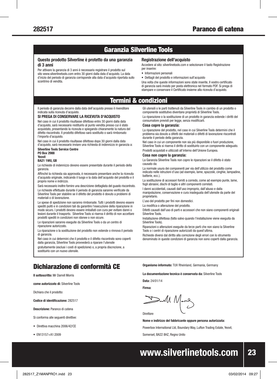 Dichiarazione di conformità ce | Silverline Chain Block User Manual | Page 24 / 30