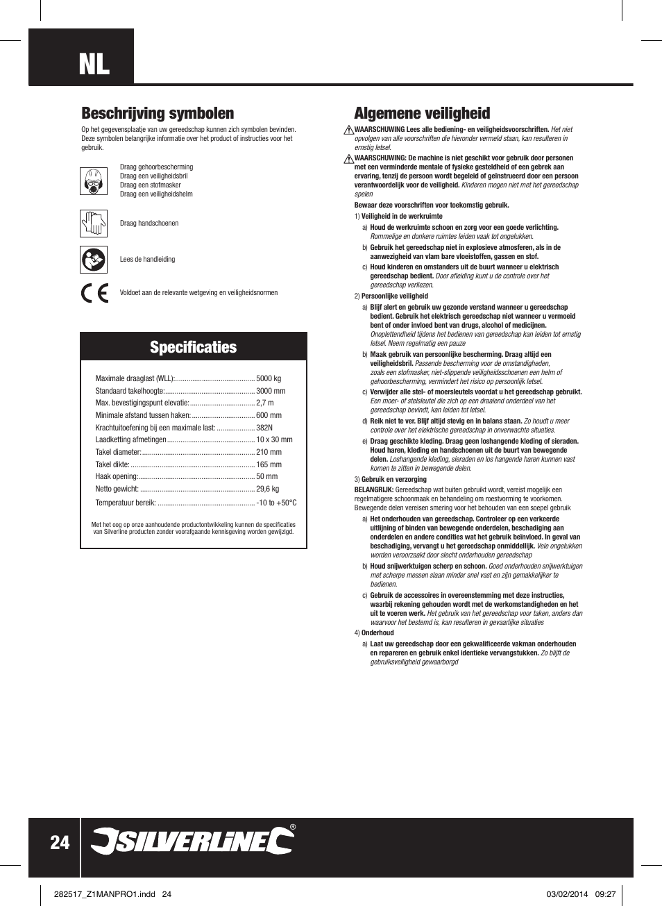 Algemene veiligheid, Beschrijving symbolen, Specificaties | Silverline Chain Block User Manual | Page 25 / 30