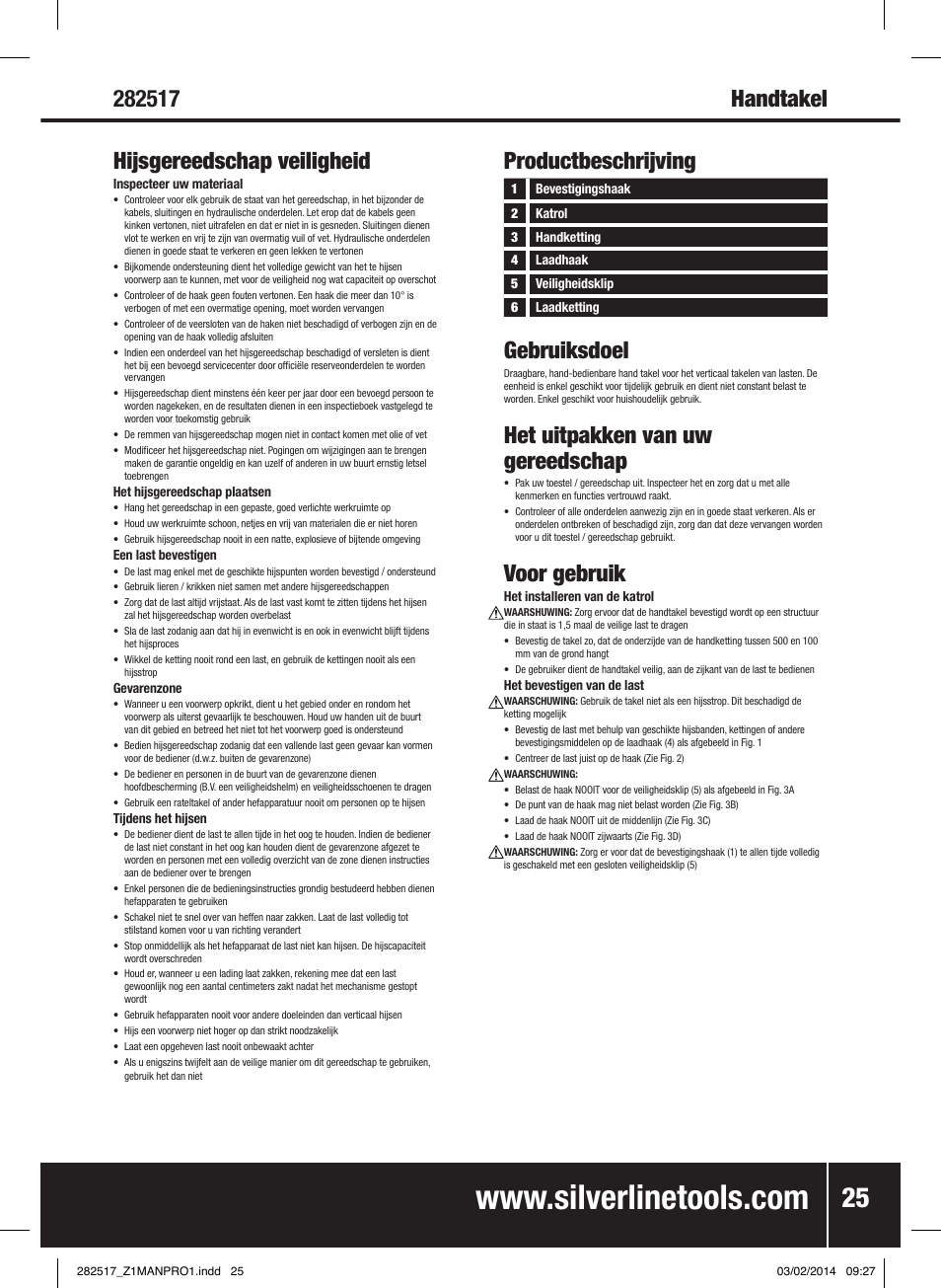 Productbeschrijving gebruiksdoel, Het uitpakken van uw gereedschap, Voor gebruik | Silverline Chain Block User Manual | Page 26 / 30