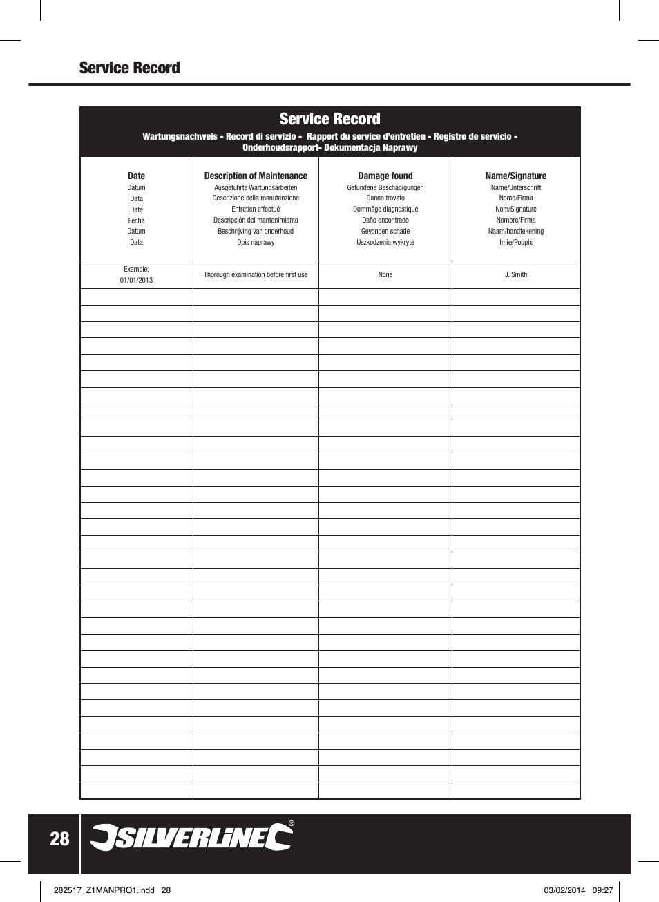 Service record | Silverline Chain Block User Manual | Page 29 / 30