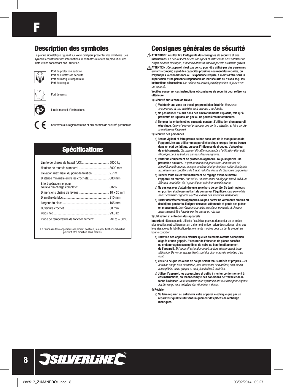 Consignes générales de sécurité, Description des symboles, Spécifications | Silverline Chain Block User Manual | Page 9 / 30