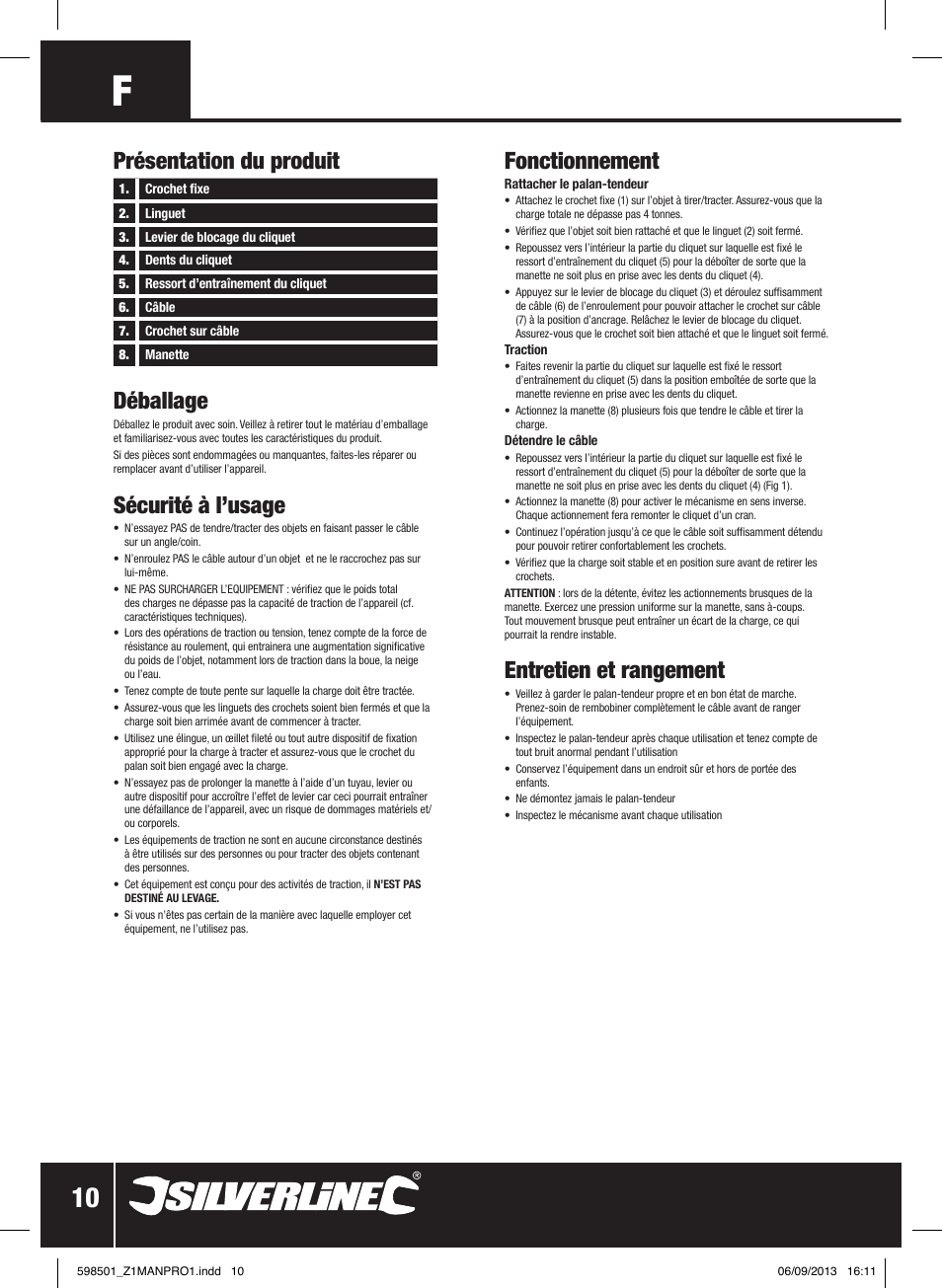 Présentation du produit déballage, Sécurité à l’usage, Fonctionnement | Entretien et rangement | Silverline Cable Puller Heavy Duty User Manual | Page 11 / 28