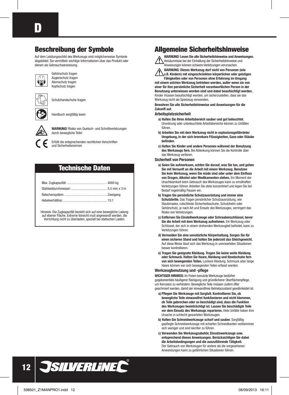 Allgemeine sicherheitshinweise, Technische daten, Beschreibung der symbole | Silverline Cable Puller Heavy Duty User Manual | Page 13 / 28