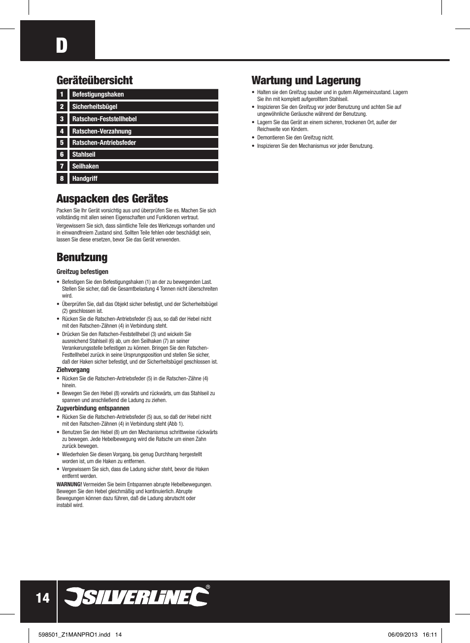 Geräteübersicht auspacken des gerätes, Benutzung, Wartung und lagerung | Silverline Cable Puller Heavy Duty User Manual | Page 15 / 28