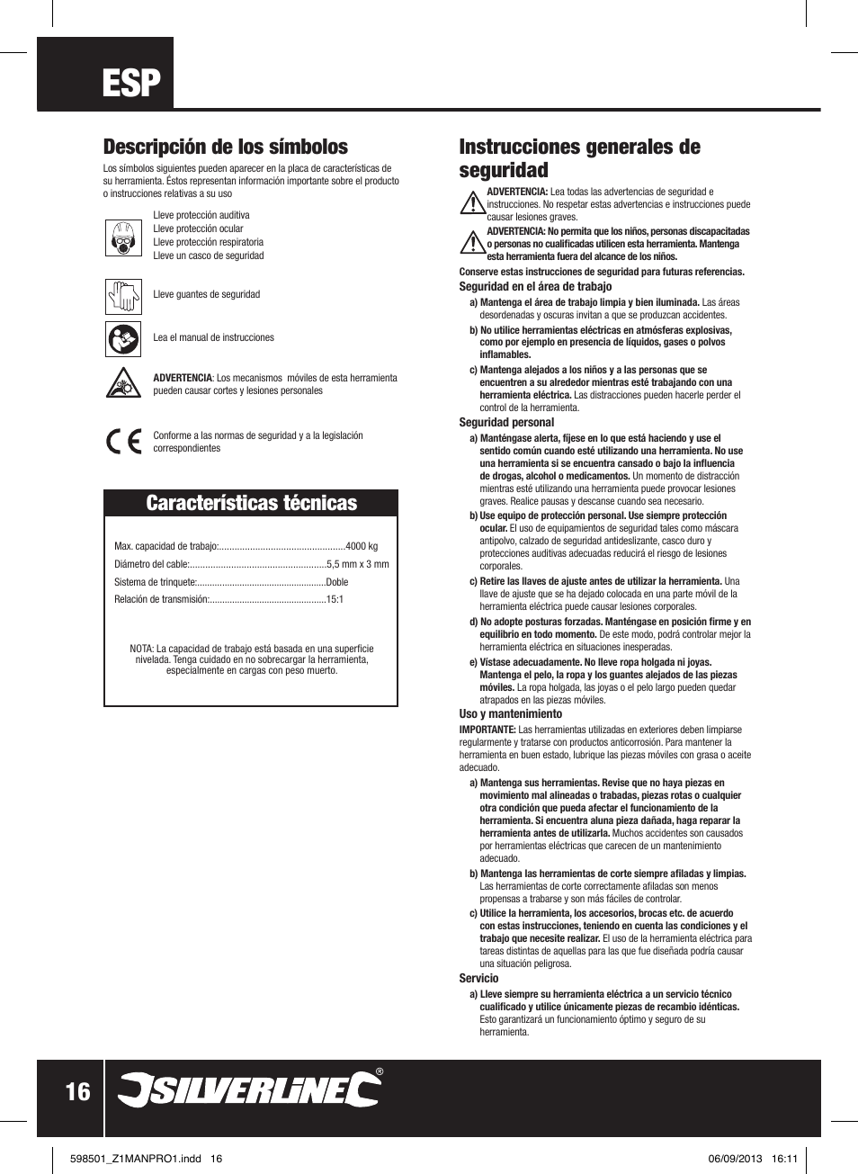 Instrucciones generales de seguridad, Descripción de los símbolos, Características técnicas | Silverline Cable Puller Heavy Duty User Manual | Page 17 / 28