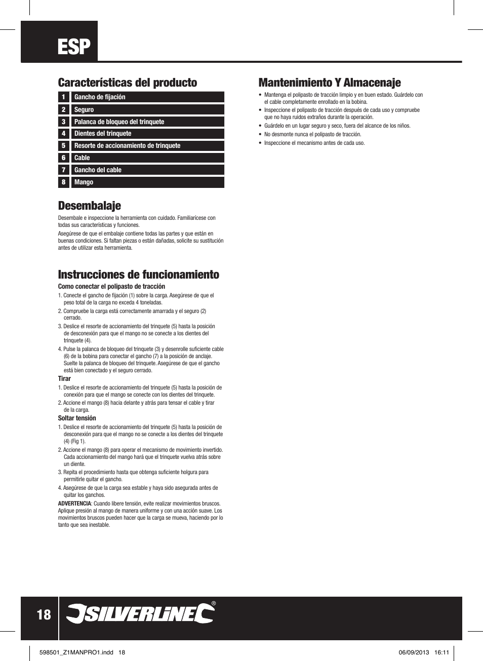 Características del producto desembalaje, Instrucciones de funcionamiento, Mantenimiento y almacenaje | Silverline Cable Puller Heavy Duty User Manual | Page 19 / 28