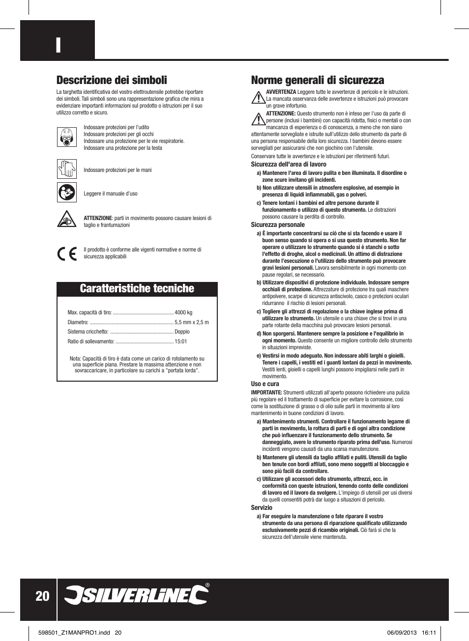 Norme generali di sicurezza, Descrizione dei simboli, Caratteristiche tecniche | Silverline Cable Puller Heavy Duty User Manual | Page 21 / 28