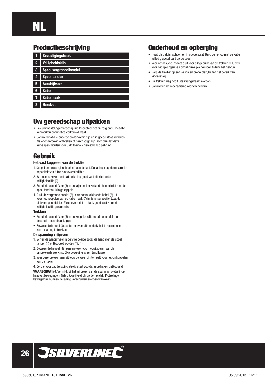 Productbeschrijving uw gereedschap uitpakken, Gebruik, Onderhoud en opberging | Silverline Cable Puller Heavy Duty User Manual | Page 27 / 28