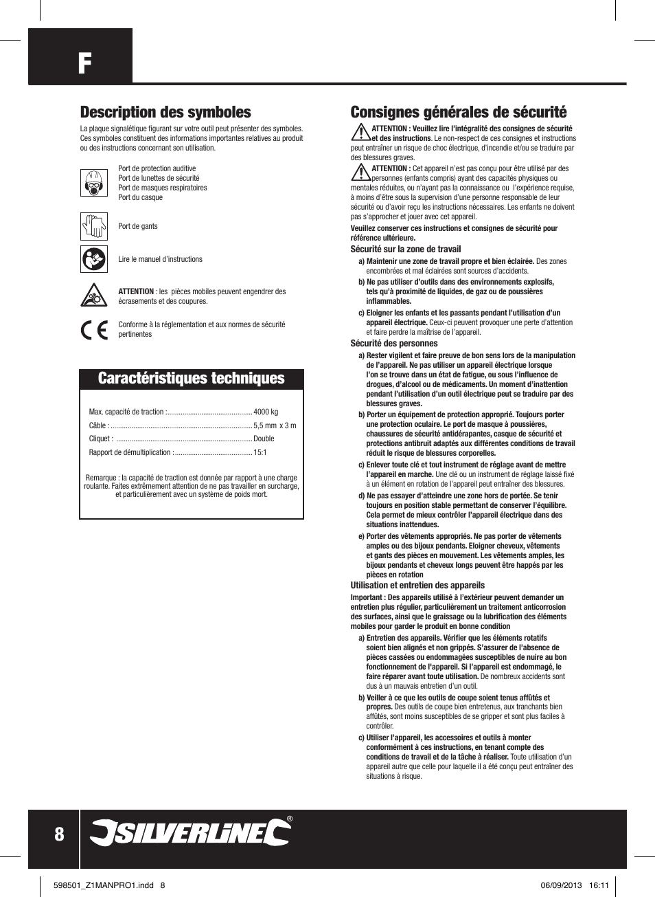 Caractéristiques techniques, Description des symboles, Consignes générales de sécurité | Silverline Cable Puller Heavy Duty User Manual | Page 9 / 28