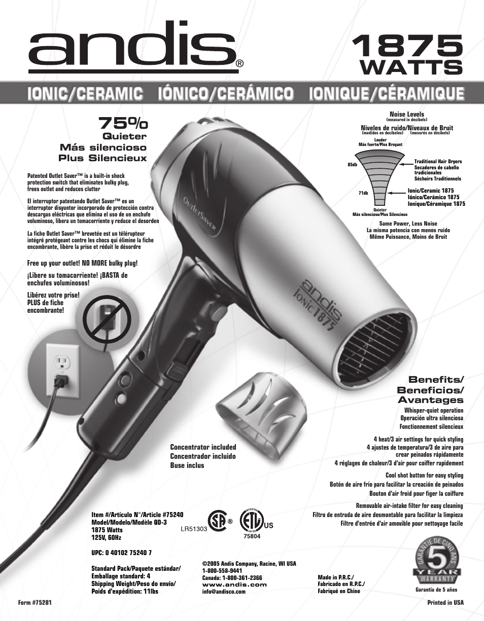 75281 qd-3 ionic dryer cat_bw_f.pdf, Watts, Quieter más silencioso plus silencieux | Benefits/ beneficios/ avantages | Andis Company Ionic Ceramic 1875 Watts User Manual | Page 2 / 2