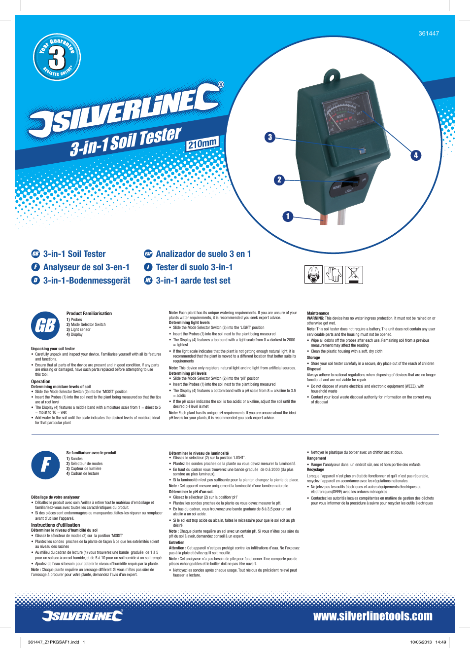 Silverline 3-in-1 Soil Tester User Manual | 2 pages