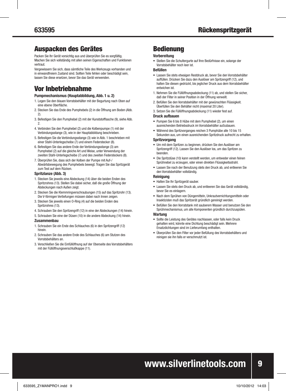 Vor inbetriebnahme, Bedienung | Silverline Backpack Sprayer User Manual | Page 10 / 16
