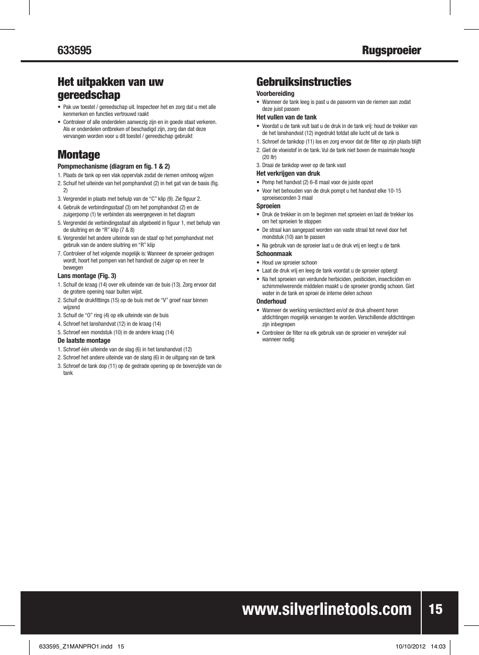 Montage, Gebruiksinstructies | Silverline Backpack Sprayer User Manual | Page 16 / 16
