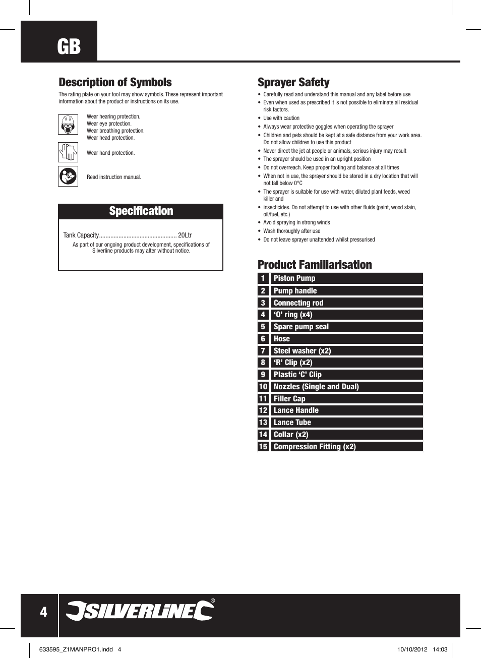 Description of symbols, Specification, Sprayer safety | Product familiarisation | Silverline Backpack Sprayer User Manual | Page 5 / 16