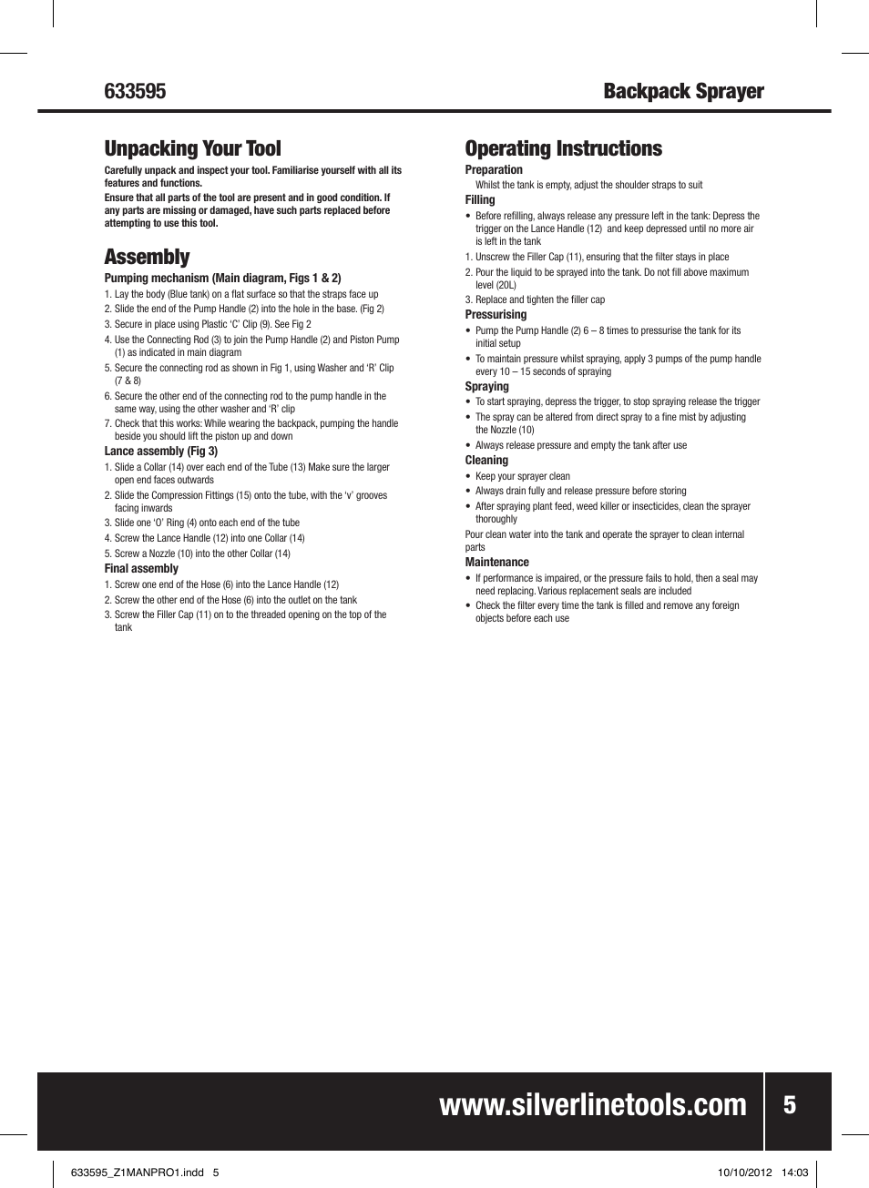 Assembly, Operating instructions | Silverline Backpack Sprayer User Manual | Page 6 / 16