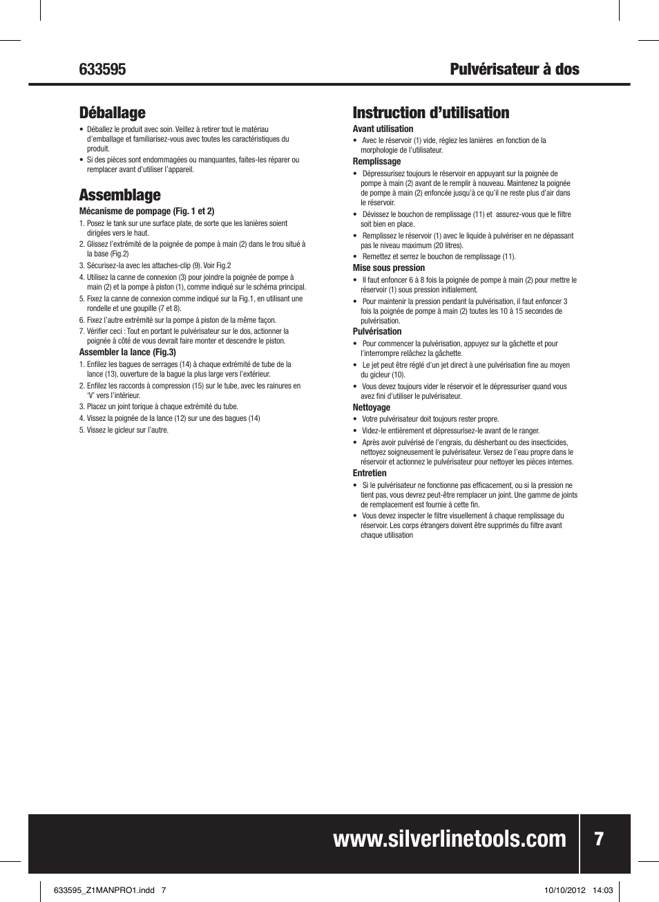 Assemblage, Instruction d’utilisation | Silverline Backpack Sprayer User Manual | Page 8 / 16
