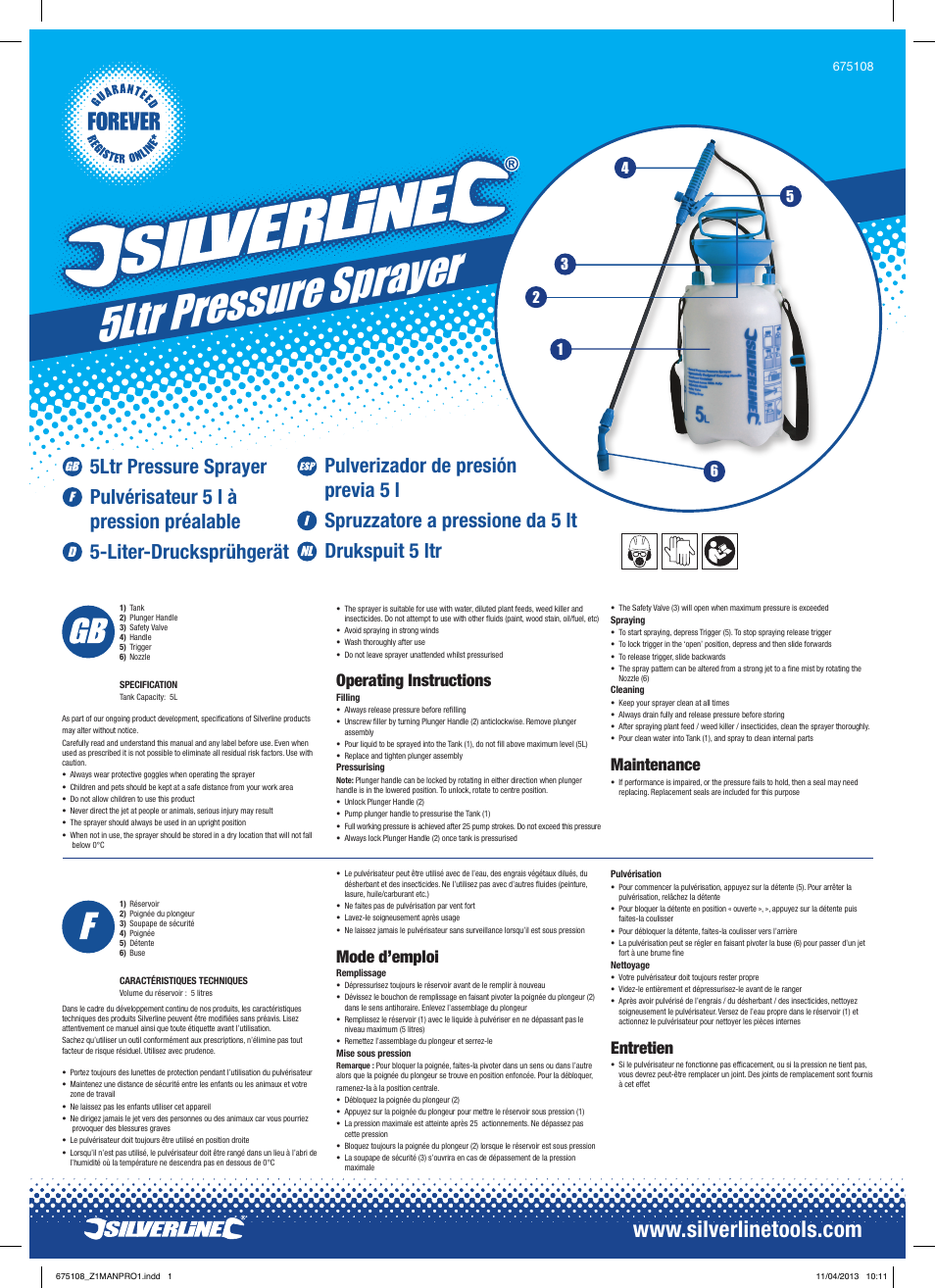 Silverline Pressure Sprayer 5Ltr User Manual | 2 pages