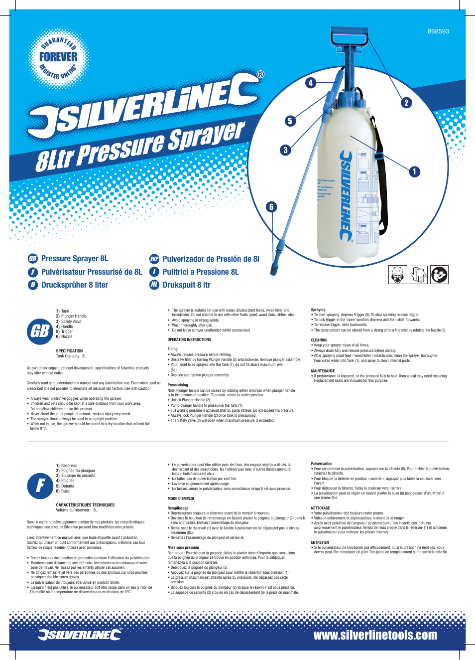 Silverline Pressure Sprayer 8Ltr User Manual | 2 pages