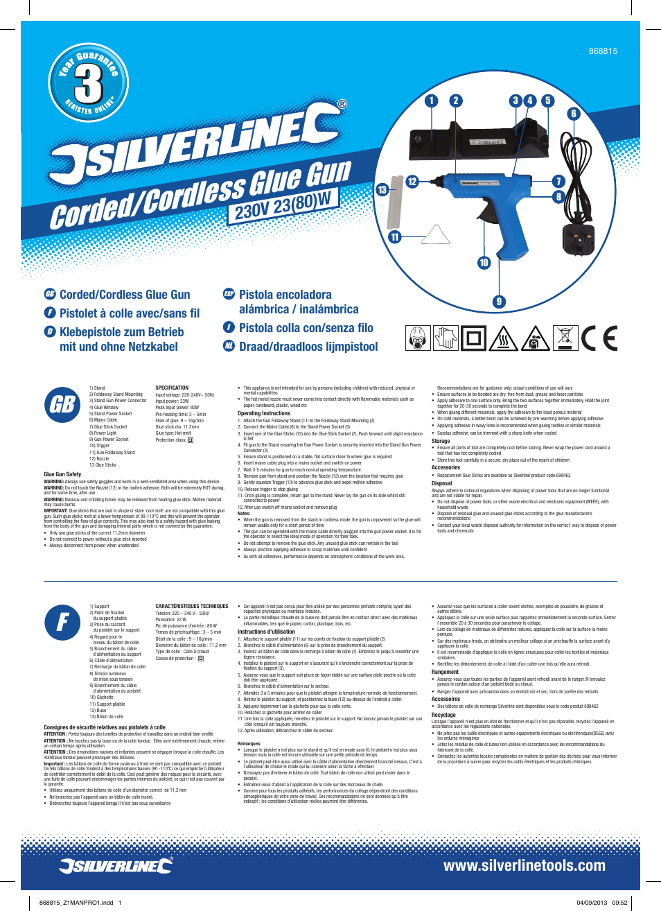 Silverline Corded/Cordless Glue Gun User Manual | 2 pages