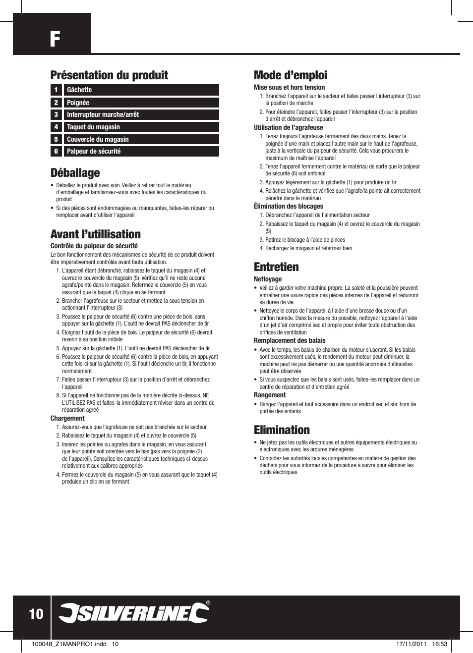 Déballage, Avant l’utillisation, Mode d’emploi | Entretien, Elimination, Présentation du produit | Silverline Heavy Duty Power Nailer Stapler 230V User Manual | Page 11 / 28