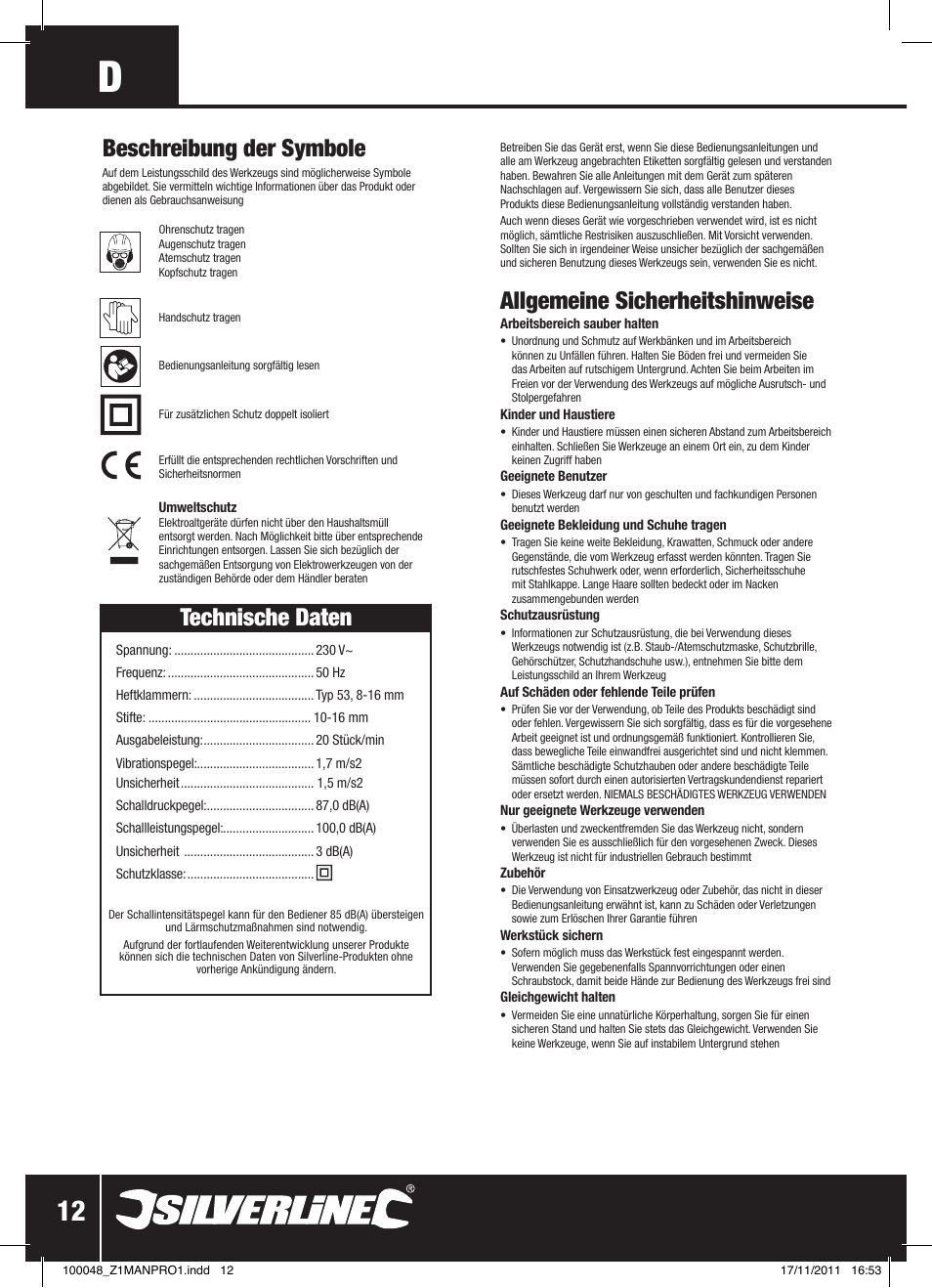 Allgemeine sicherheitshinweise, Technische daten, Beschreibung der symbole | Silverline Heavy Duty Power Nailer Stapler 230V User Manual | Page 13 / 28