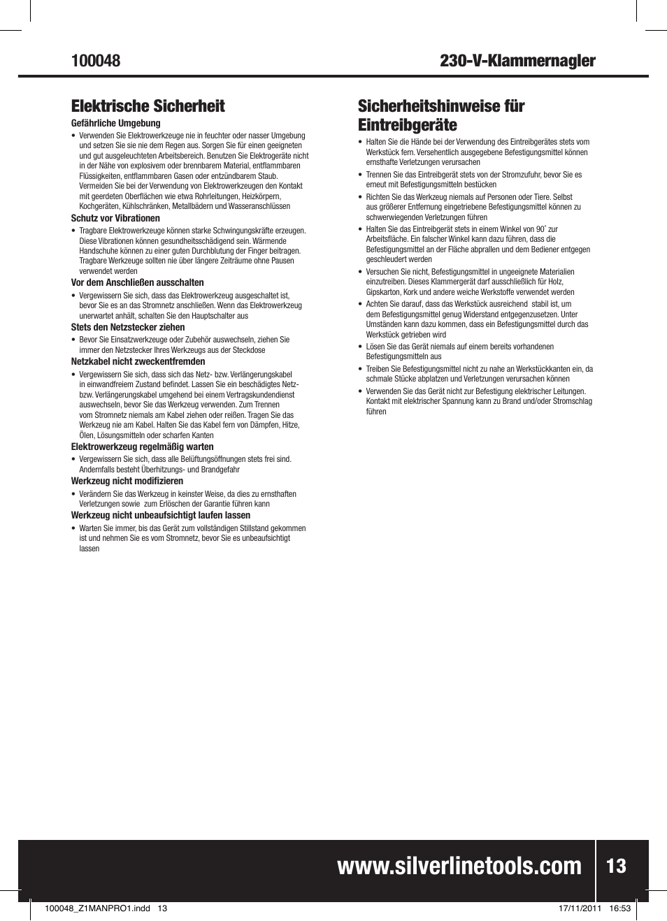 Elektrische sicherheit, V-klammernagler | Silverline Heavy Duty Power Nailer Stapler 230V User Manual | Page 14 / 28