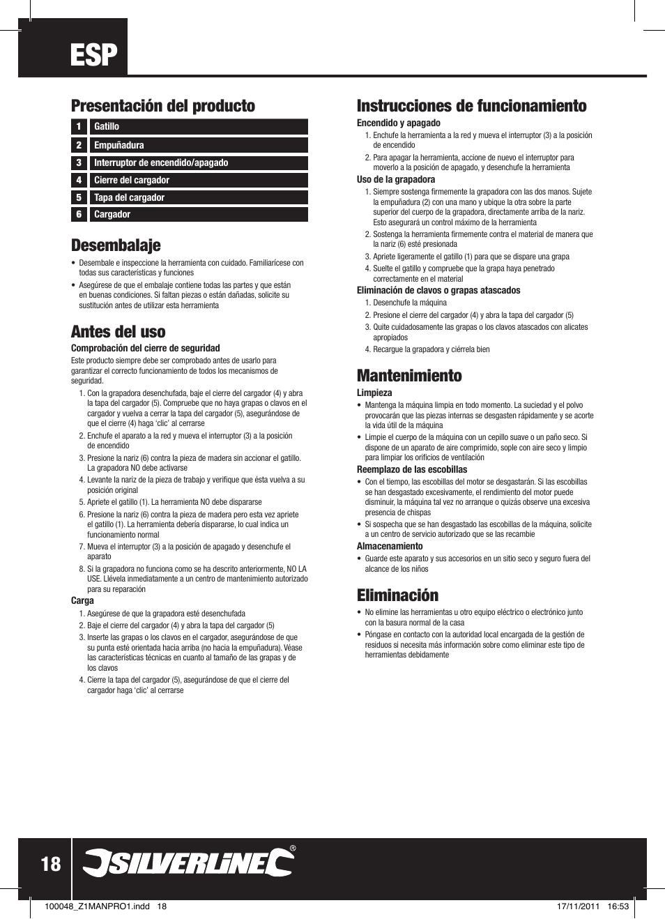Desembalaje, Antes del uso, Instrucciones de funcionamiento | Mantenimiento, Eliminación, Presentación del producto | Silverline Heavy Duty Power Nailer Stapler 230V User Manual | Page 19 / 28