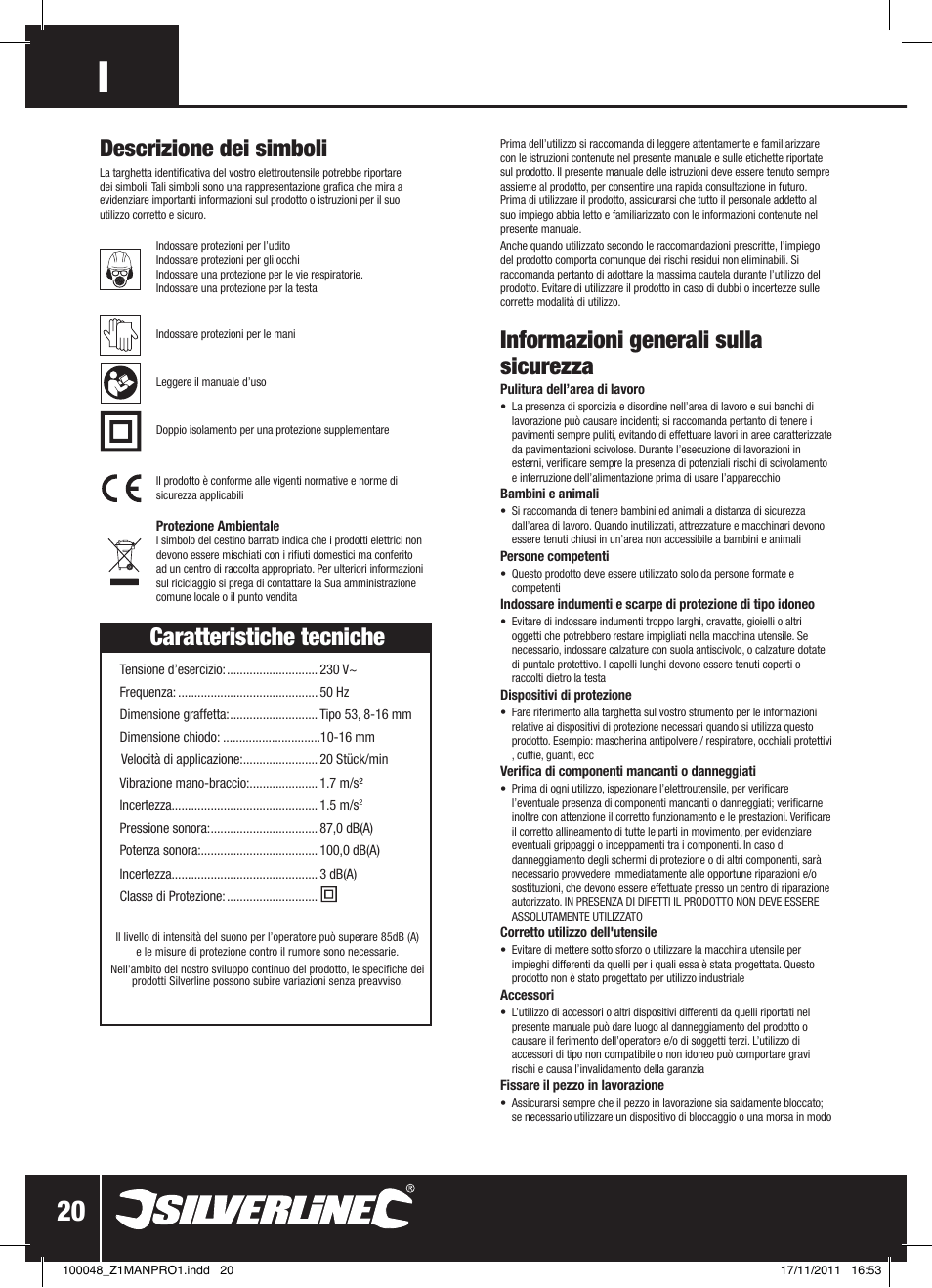 Informazioni generali sulla sicurezza, Caratteristiche tecniche, Descrizione dei simboli | Silverline Heavy Duty Power Nailer Stapler 230V User Manual | Page 21 / 28
