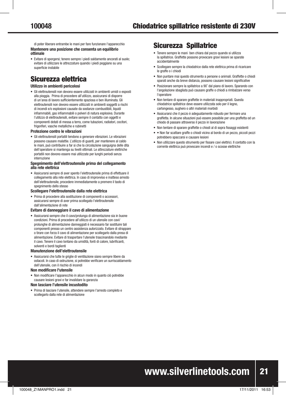 Sicurezza elettrica | Silverline Heavy Duty Power Nailer Stapler 230V User Manual | Page 22 / 28