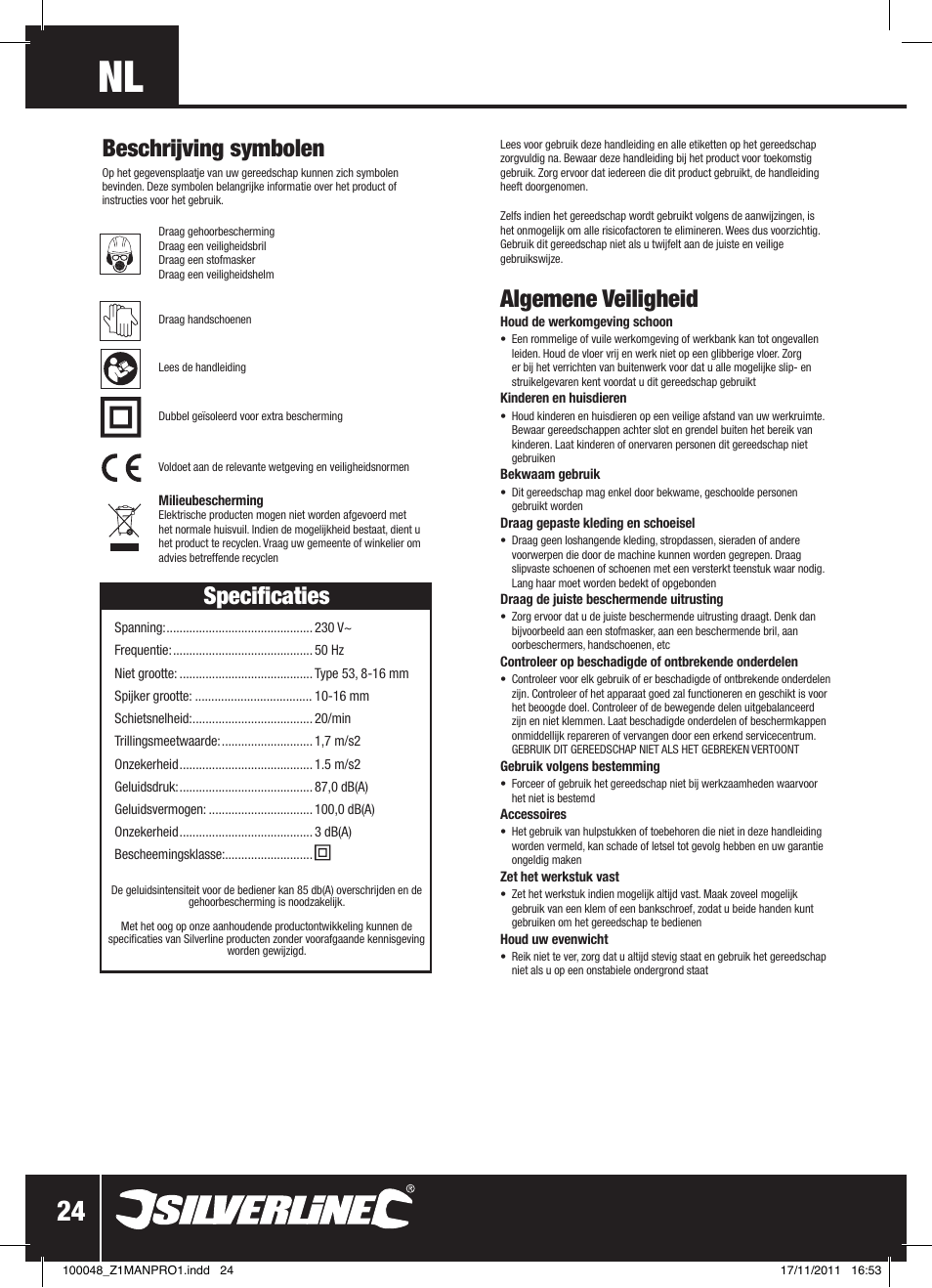 Algemene veiligheid, Specificaties, Beschrijving symbolen | Silverline Heavy Duty Power Nailer Stapler 230V User Manual | Page 25 / 28