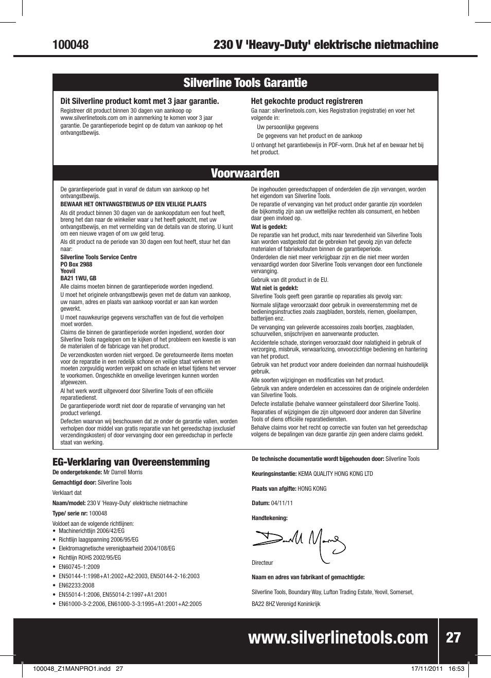 Voorwaarden silverline tools garantie, Eg-verklaring van overeenstemming | Silverline Heavy Duty Power Nailer Stapler 230V User Manual | Page 28 / 28