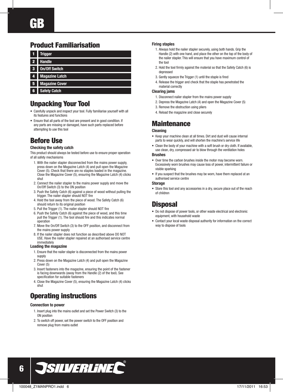 Unpacking your tool, Before use, Operating instructions | Maintenance, Disposal, Product familiarisation | Silverline Heavy Duty Power Nailer Stapler 230V User Manual | Page 7 / 28