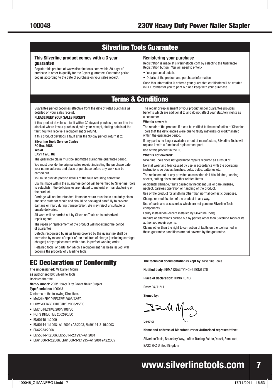 Ec declaration of conformity | Silverline Heavy Duty Power Nailer Stapler 230V User Manual | Page 8 / 28